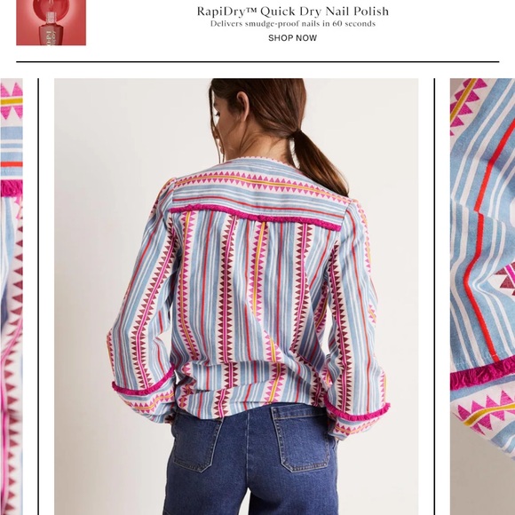 #142 Boden Blue and Pink Ruffled Blouse with Mandarin Collar - Picture 3 of 9